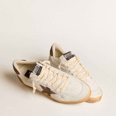 Golden Goose Ball Star Sneakers In White Nubuck Leather With Brown Suede Star And Heel Tab
