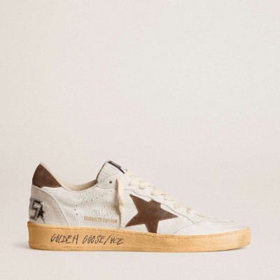 Golden Goose Ball Star Sneakers In White Nubuck Leather With Brown Suede Star And Heel Tab