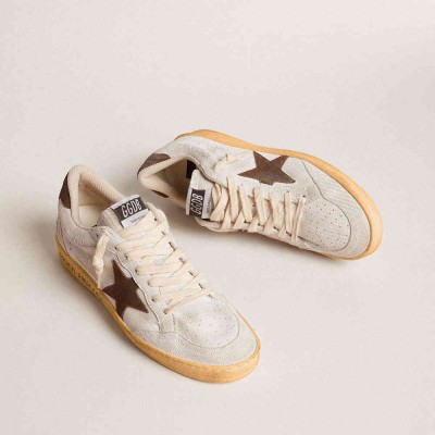 Golden Goose Ball Star Sneakers In White Nubuck Leather With Brown Suede Star And Heel Tab