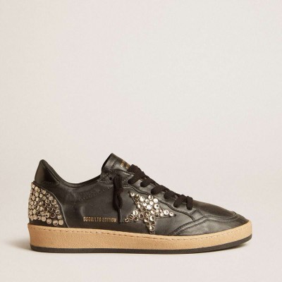 Golden Goose Ball Star Sneakers LAB In Black Nappa With Studded Black Leather Star