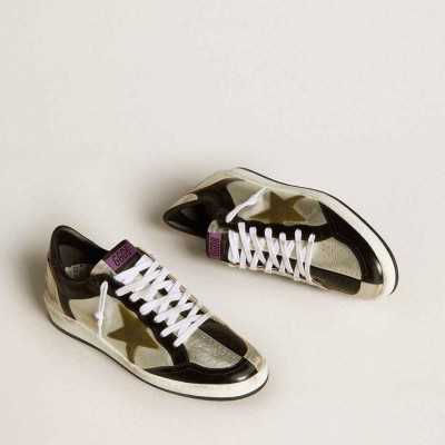 Golden Goose Ball Star Sneakers LAB In Silver Leather With Brown Leather Star And Black Heel Tab