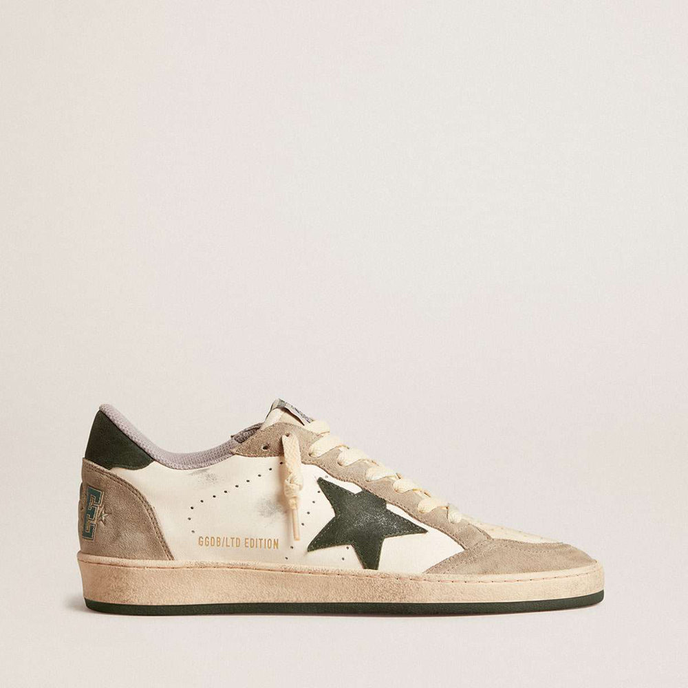 Golden Goose Ball Star LTD Sneakers In Nappa With Green Star And Dove-gray Suede Inserts