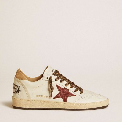 Golden Goose Ball Star LTD Sneakers With Burgundy Glitter Star And Beige Suede Heel Tab