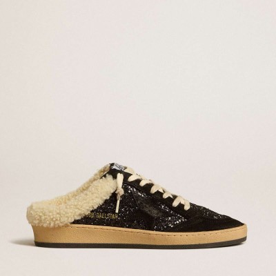 Golden Goose Ball Star Sneakers Sabots In Black Glitter With Black Star And Shearling Lining