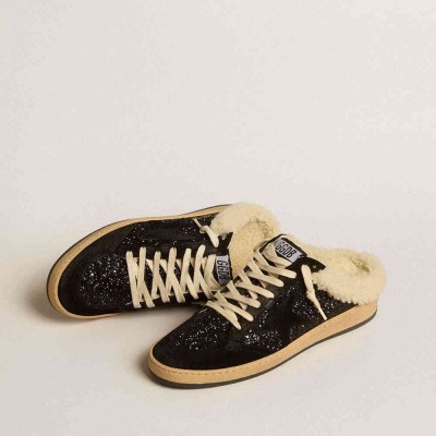 Golden Goose Ball Star Sneakers Sabots In Black Glitter With Black Star And Shearling Lining