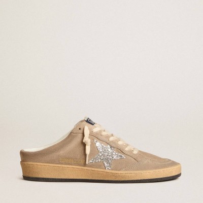 Golden Goose Ball Star Sneakers Sabots In Dove-gray Suede With Silver Glitter Star