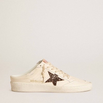 Golden Goose Ball Star Sneakers Sabots In Ivory Nappa With Bronze Glitter Star