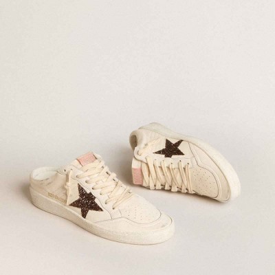 Golden Goose Ball Star Sneakers Sabots In Ivory Nappa With Bronze Glitter Star