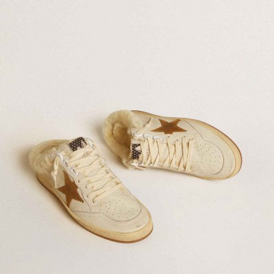Golden Goose Ball Star Sneakers Sabots In Leather With Suede Star And Beige Shearling Lining