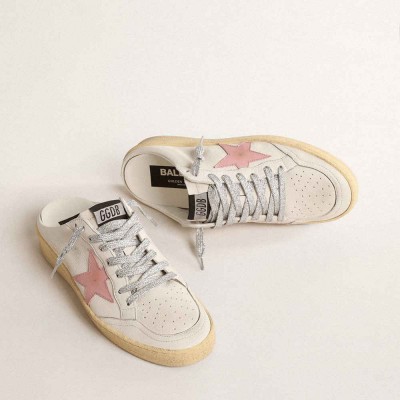 Golden Goose Ball Star Sneakers Sabots In White Nappa With An Old-rose Leather Star