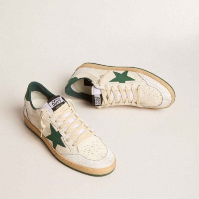 Golden Goose Ball Star Sneakers Wishes In White Nappa Leather With Green Leather Star And Heel Tab