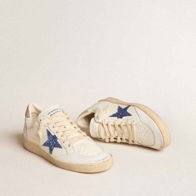 Golden Goose Ball Star Sneakers With Blue Glitter Star And Dove-gray Suede Heel Tab