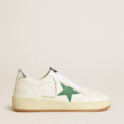 Golden Goose Ball Star Sneakers With Green Leather Star And Metallic Leather Heel Tab