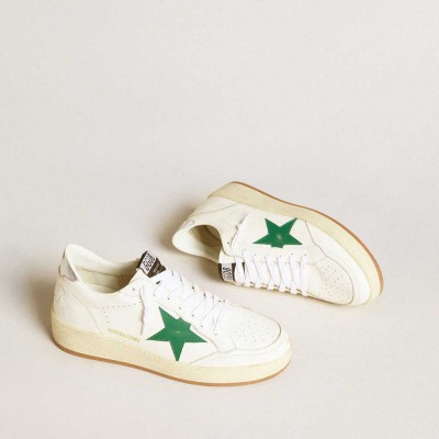 Golden Goose Ball Star Sneakers With Green Leather Star And Metallic Leather Heel Tab