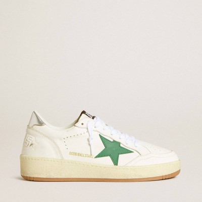Golden Goose Ball Star Sneakers With Green Leather Star And Metallic Leather Heel Tab