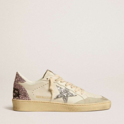 Golden Goose Ball Star Sneakers With Silver Glitter Star And Pink Glitter Heel Tab