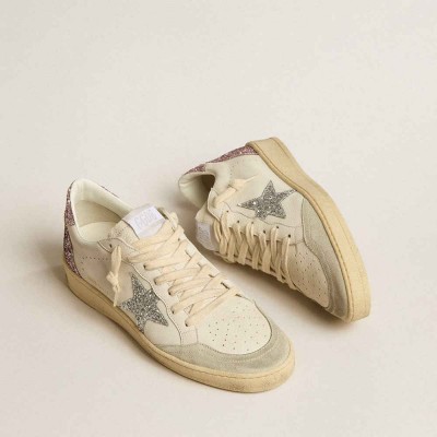 Golden Goose Ball Star Sneakers With Silver Glitter Star And Pink Glitter Heel Tab