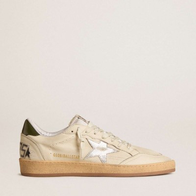 Golden Goose Ball Star Sneakers With Silver Leather Star And Green Leather Heel Tab