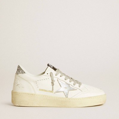 Golden Goose Ball Star Sneakers With Silver Leather Star And Silver Glitter Heel Tab