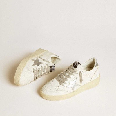 Golden Goose Ball Star Sneakers With Silver Leather Star And Silver Glitter Heel Tab