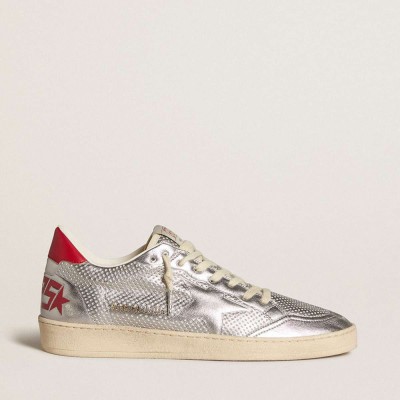 Golden Goose Bio-based Ball Star Sneakers In Metallic Silver With Silver Star And Red Heel Tab