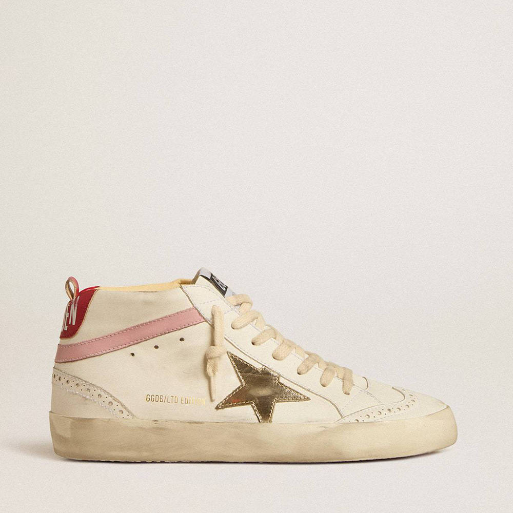 Golden Goose Bio-based Mid Star LTD Sneakers With Gold Leather Star And Pink Flash