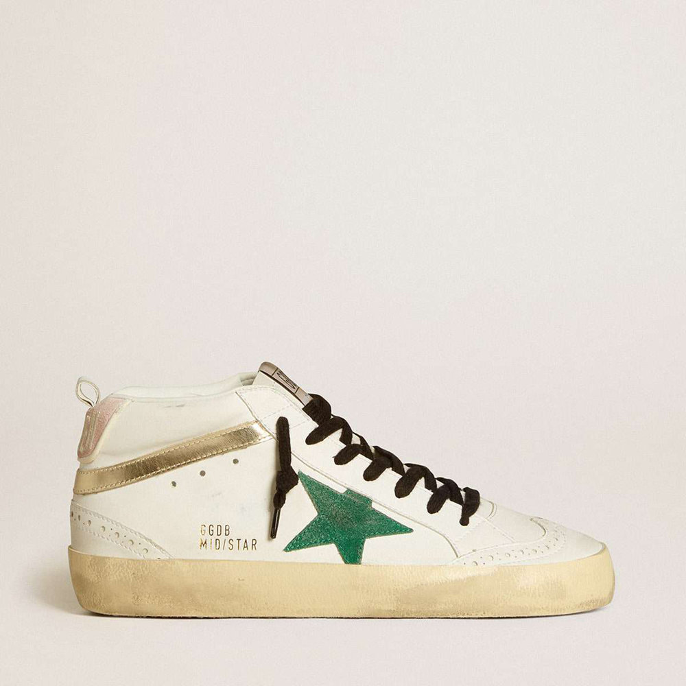 Golden Goose Bio-based Mid Star Sneakers With Green Suede Star And Pink Suede Heel Tab
