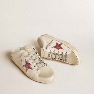 Golden Goose Bio-based Super-Star Sneakers Sabot With Pink Glitter Star And Suede Toe