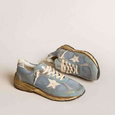 Golden Goose Dad-Star Shoes In Light Blue Mesh And Suede With White Leather Star And Heel Tab