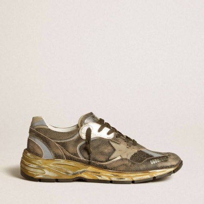Golden Goose Dad-Star Shoes In Suede And Nylon With Khaki Leather Star And Heel Tab