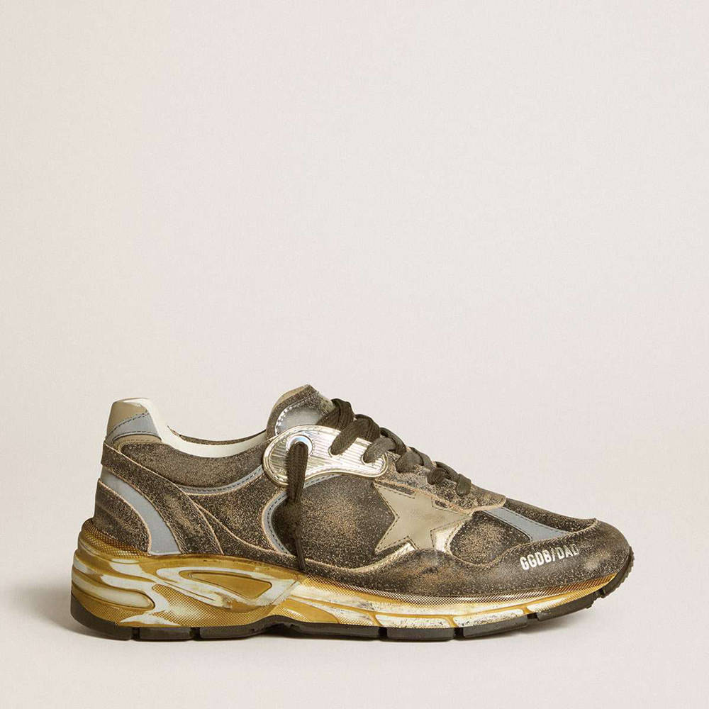 Golden Goose Dad-Star Shoes In Suede And Nylon With Khaki Leather Star And Heel Tab