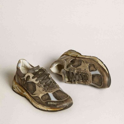 Golden Goose Dad-Star Shoes In Suede And Nylon With Khaki Leather Star And Heel Tab
