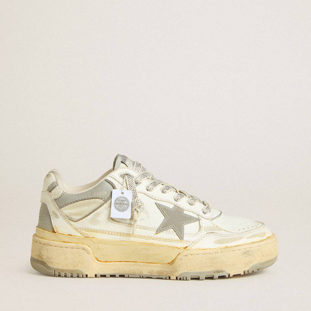 Golden Goose Forty2 Sneakers In White Leather With Laces With Swarovski Crystals And Gray Star