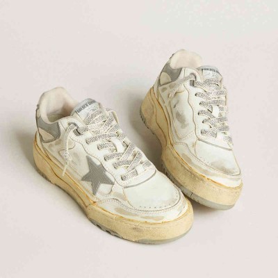 Golden Goose Forty2 Sneakers In White Leather With Laces With Swarovski Crystals And Gray Star