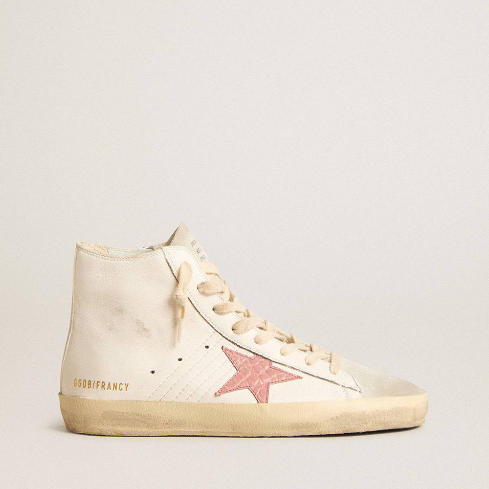 Golden Goose Francy Sneakers In Cream Nappa With Pink Crocodile-print Leather Star