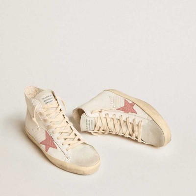 Golden Goose Francy Sneakers In Cream Nappa With Pink Crocodile-print Leather Star