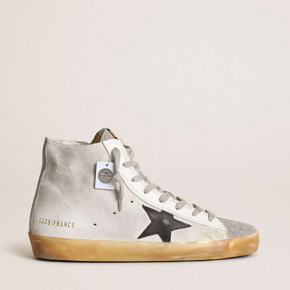 Golden Goose Francy Sneakers In White Suede With Black Leather Star And Silver Swarovski Crystal Tongue