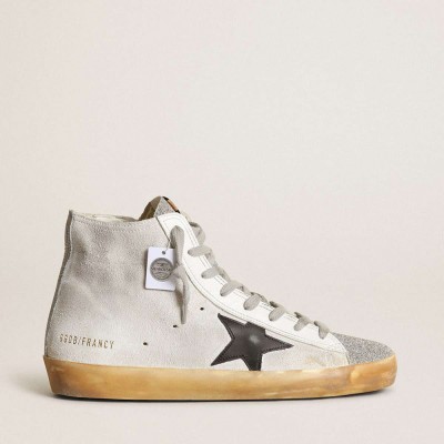 Golden Goose Francy Sneakers In White Suede With Black Leather Star And Silver Swarovski Crystal Tongue