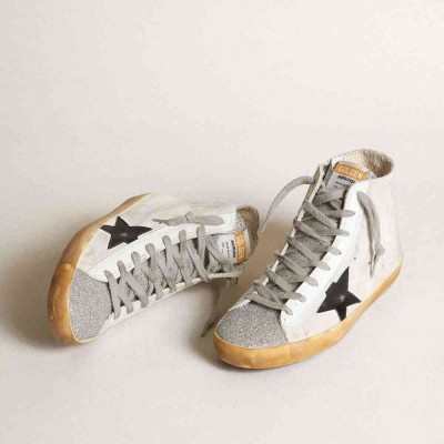 Golden Goose Francy Sneakers In White Suede With Black Leather Star And Silver Swarovski Crystal Tongue