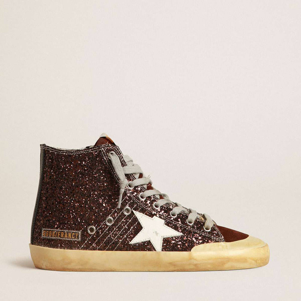 Golden Goose Francy Penstar Sneakers In Brown Glitter With White Leather Star