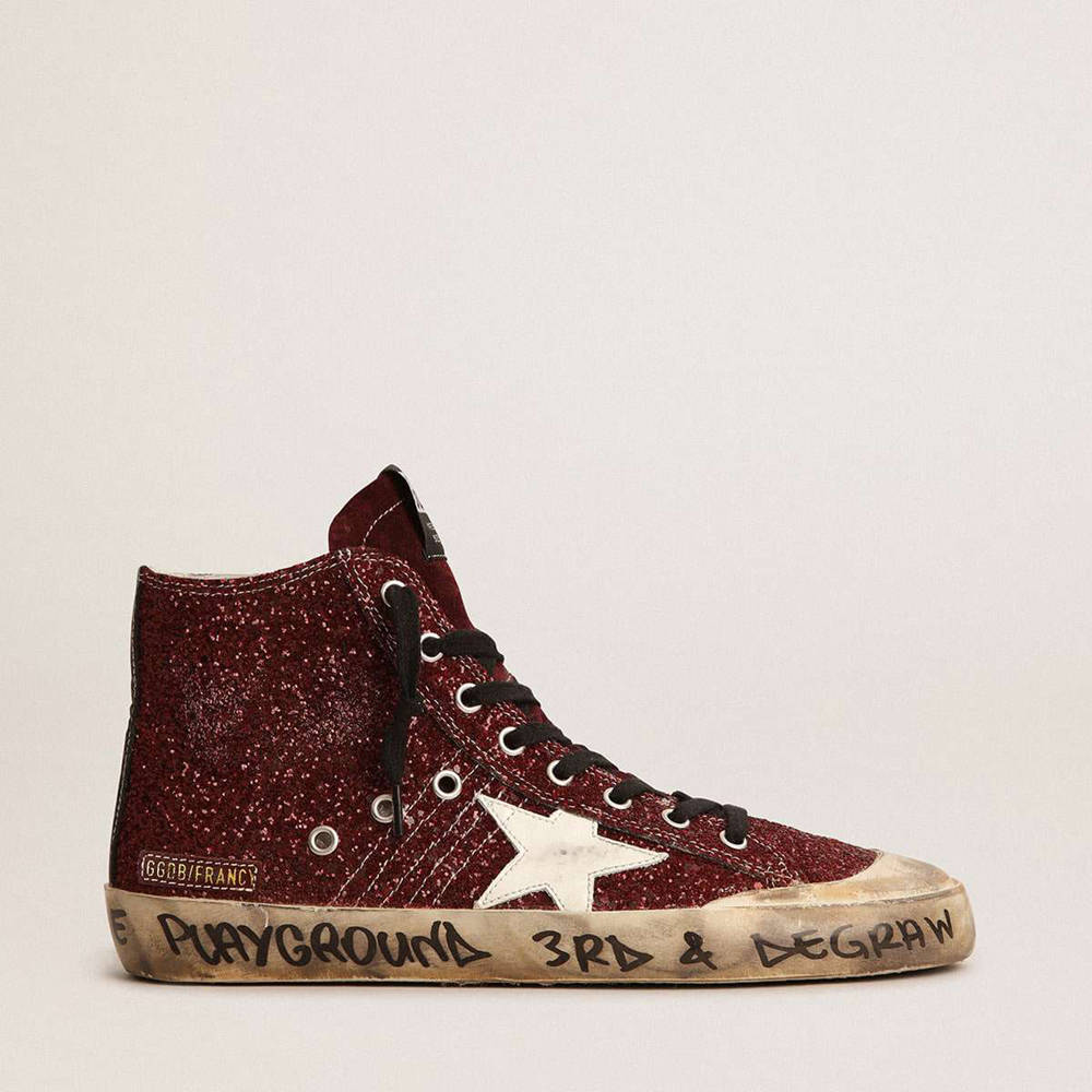 Golden Goose Francy Penstar Sneakers In Burgundy Glitter With White Leather Star