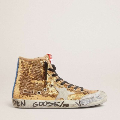 Golden Goose Francy Penstar Sneakers In Gold Glitter With Suede Star And Bright Blue Heel Tab