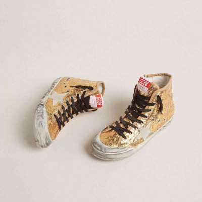 Golden Goose Francy Penstar Sneakers In Gold Glitter With Suede Star And Bright Blue Heel Tab