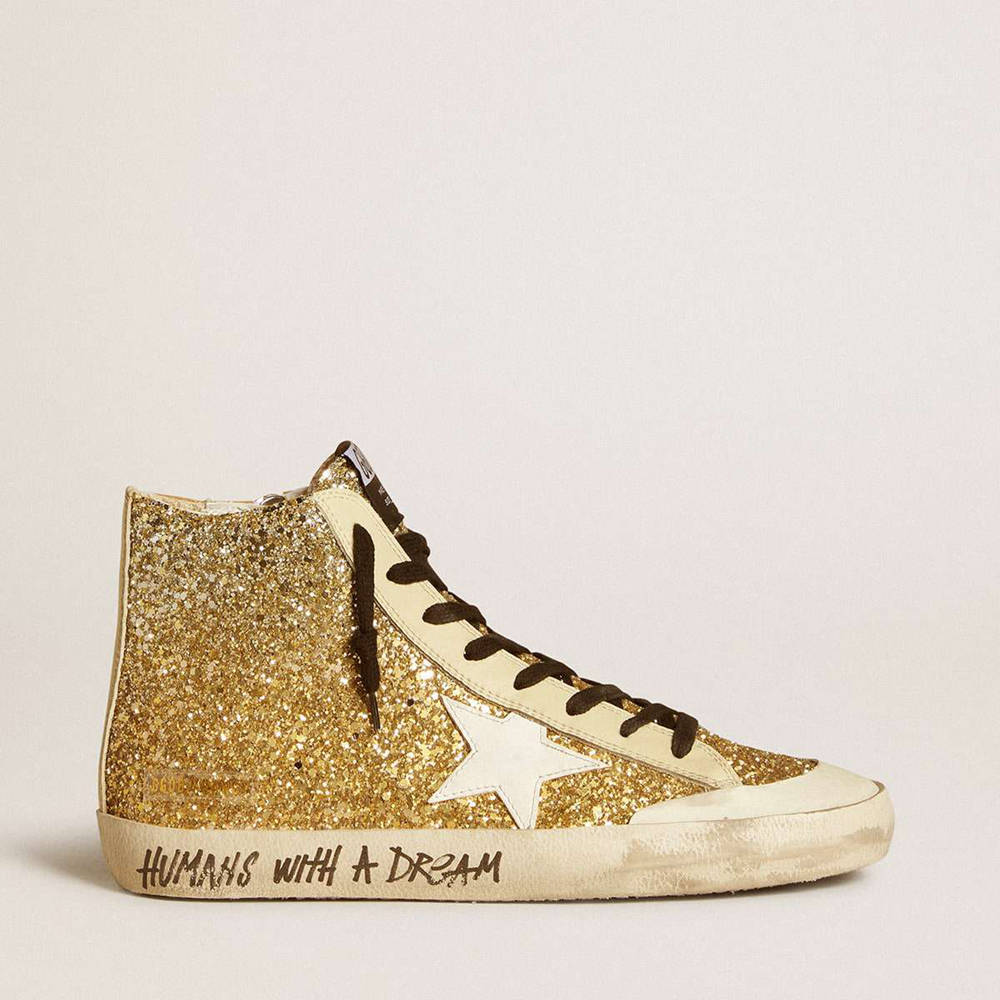 Golden Goose Francy Penstar Sneakers In Gold Glitter With White Leather Star