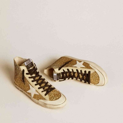 Golden Goose Francy Penstar Sneakers In Gold Glitter With White Leather Star