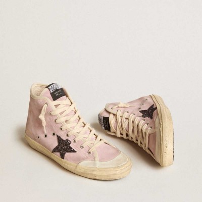 Golden Goose Francy Penstar Sneakers In Pink Suede With Gray Glitter Star