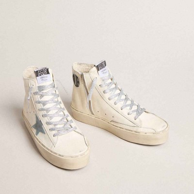 Golden Goose Francy Penstar Sneakers In White Nappa Leather With Powder-blue Suede Star