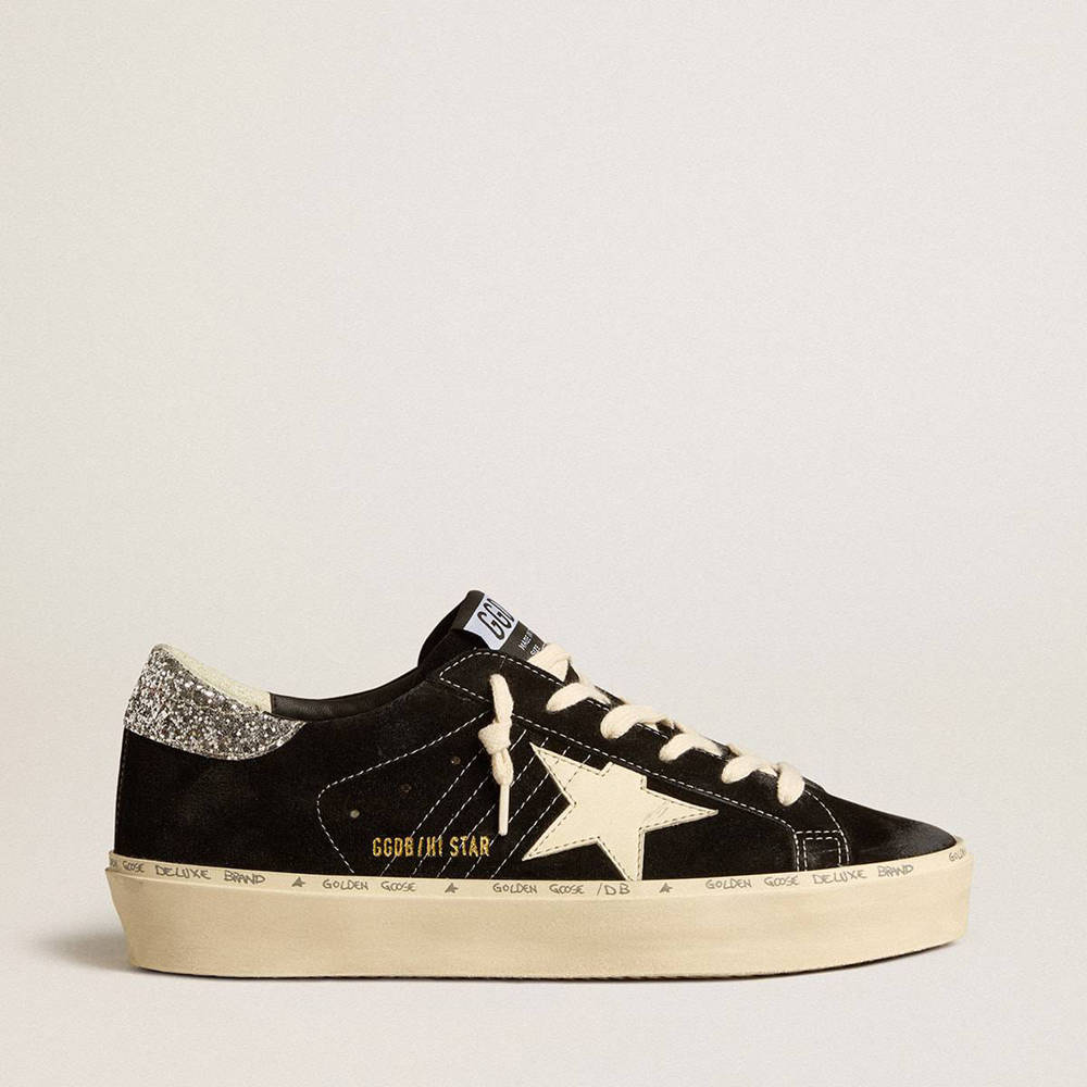 Golden Goose Hi Star Sneakers In Black Leather With Silver Glitter Heel Tab
