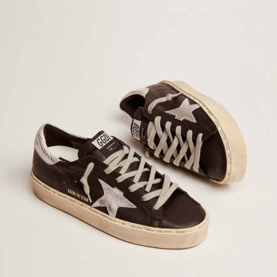 Golden Goose Hi Star Sneakers In Black Leather With Silver Laminated Leather Star