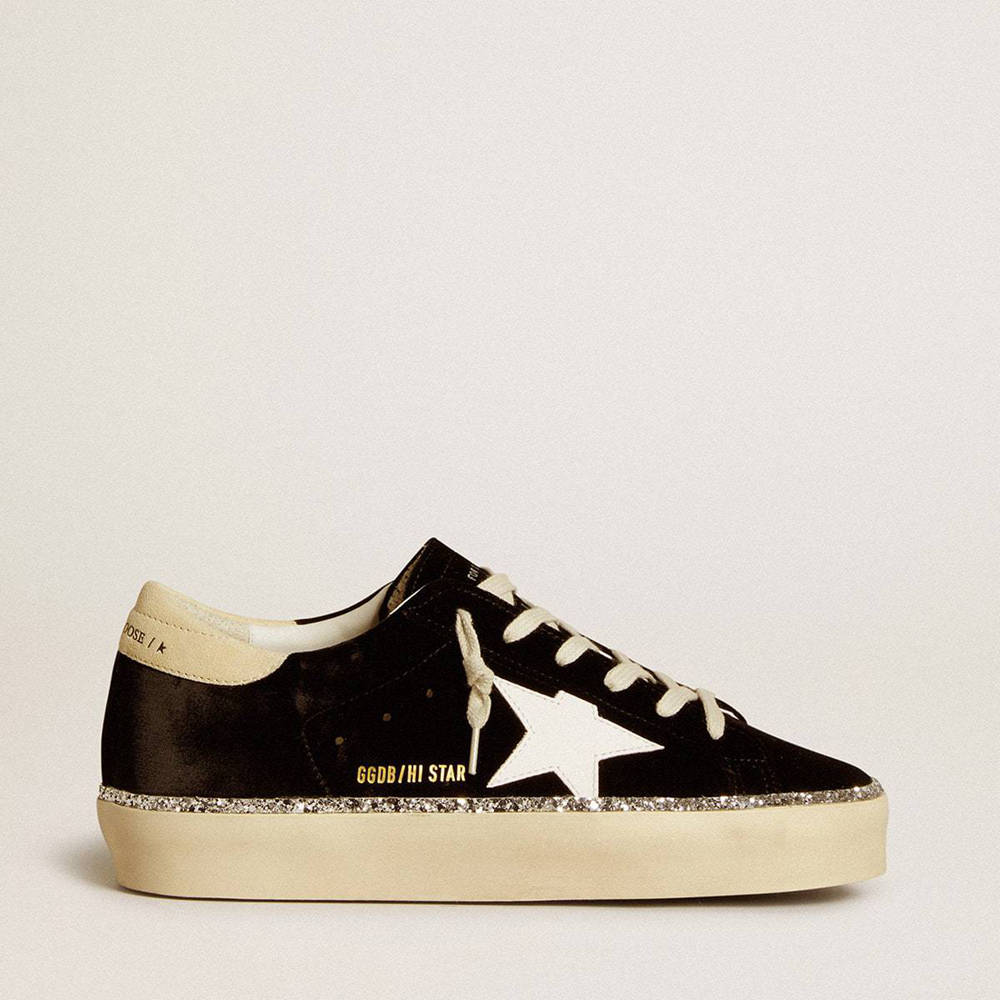 Golden Goose Hi Star Sneakers In Black Velvet With White Leather Star And Suede Heel Tab